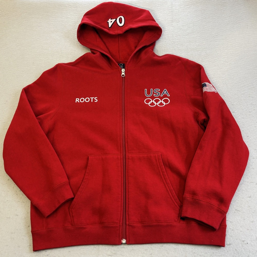 Vtg Roots Olympic USA Hoodie Women XXL Red 04 Athens Full Zip Fleece Sweatshirt